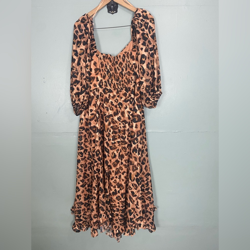 Anthropologie Hutch Leopard Cheetah Twist Puff Sleeve Ruffle Hem Midi Dress 1X - Picture 6 of 7